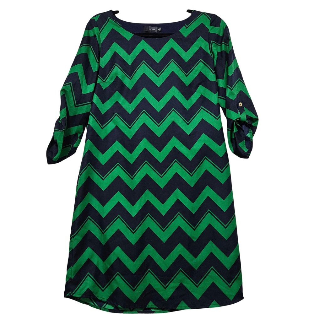 The Limited Navy Green Chevron Print Shift Dress Sz Sm Roll Tab Sleeve flaws
